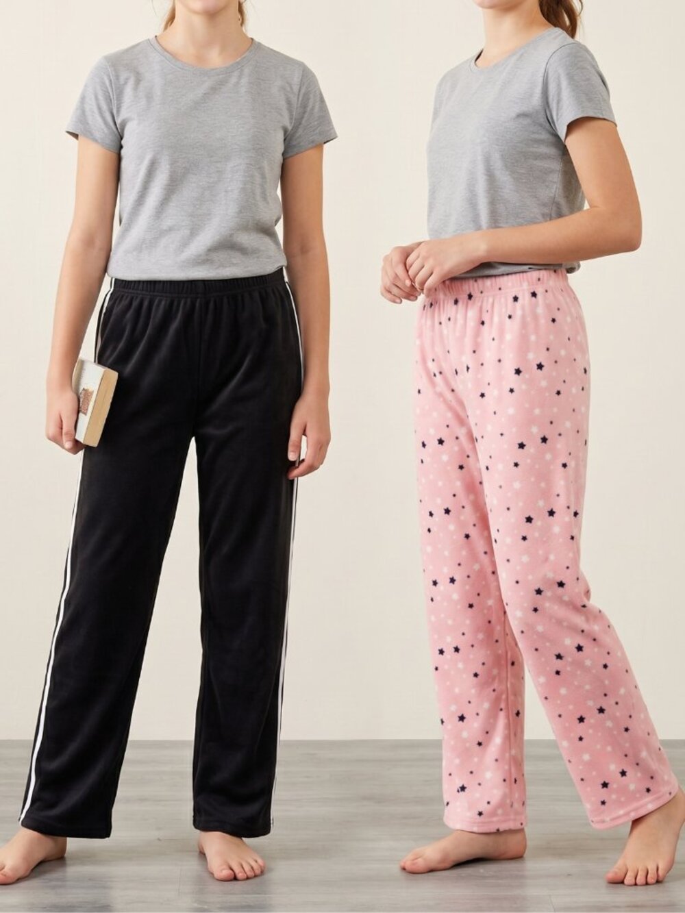 NWT 2 Pack Mad Dog Girls Fleece Pajama Pants Black & Pink Star Print XL 14/16